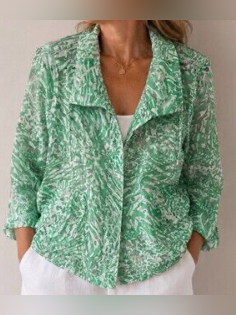 Chico's | Green & White Semi Sheer Abstract Print Button-Down Shirt